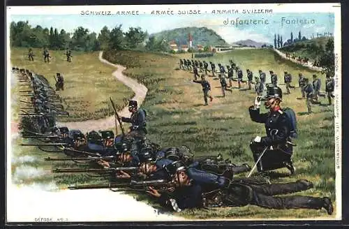 Lithographie Schweizer Armee, Infanteriesoldaten in Uniform mit Gewehr