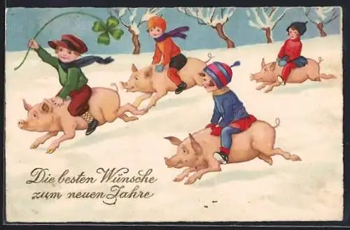 AK Kinder reiten auf Schweinen durch den Schnee, Neujahrsgruss