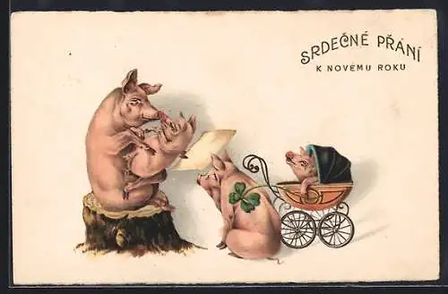 AK Wünsche zum Neuen Jahre, Menschliche Schweine mit Kinderwagen