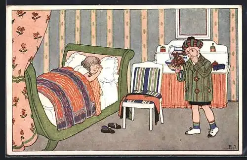 Künstler-AK F. Jüchtzer, Junge mit Blumenstrauss schaut zum schlafenden Mädchen