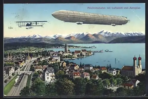 AK Friedrichshafen, Graf Zeppelins Luftschiff über der Stadt, Dampfer