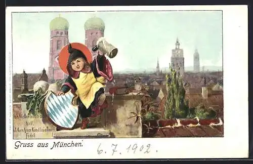AK München, fideles Münchner Kindl grüsst von einem Dach