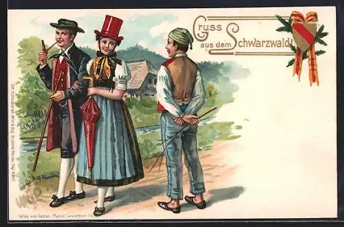 Lithographie Gruss aus dem Schwarzwald, Männer und Frauen in Trachten mit Prägung
