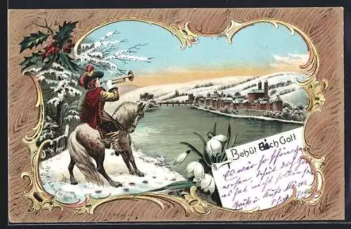 Lithographie Trompeter von Säckingen am winterlichen Flussufer, Behüt Euch Gott