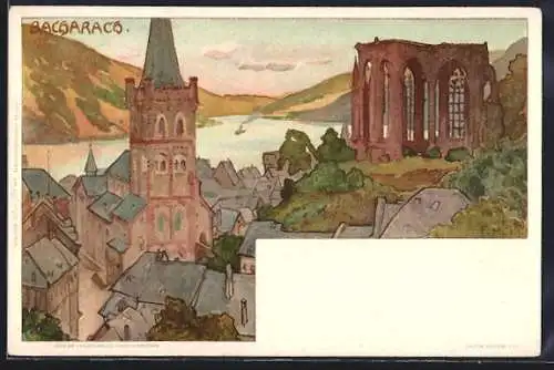 Künstler-Lithographie Franz Hein: Bacharach, Panoramablick