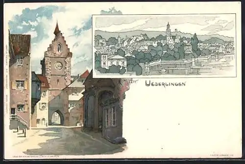 Künstler-AK K. Mutter: Überlingen / Bodensee, Strasse mit Torbogen und Panorama des Ortes