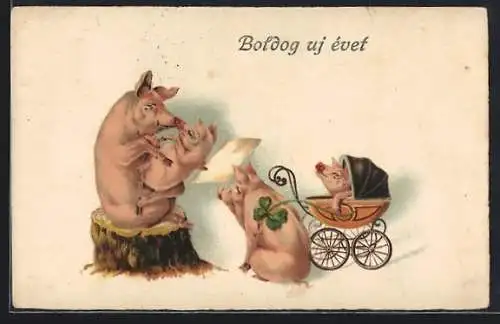 AK Wünsche zum Neuen Jahre, Menschliche Schweine mit Kinderwagen