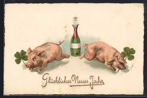 AK Schweine mit Glücksklee und Sektflasche, Neujahrsgruss