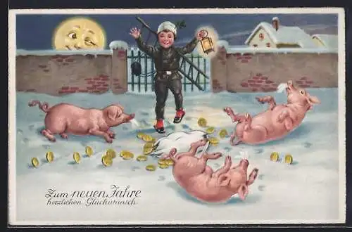 AK Schornsteinfeger, Schweine und Geld im Schnee, Neujahrsgruss