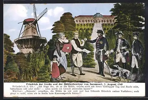 AK Friedrich der Grosse mit Windhunden und Mühlenbesitzer-Familie von Sanssouci