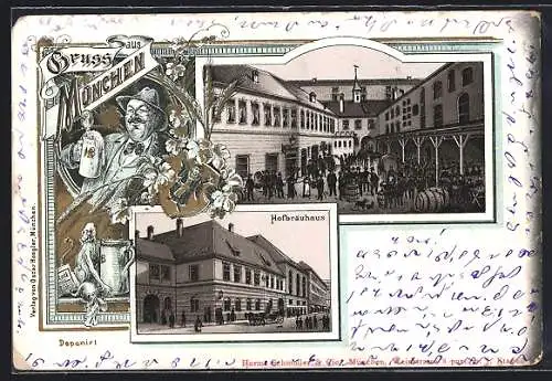 Lithographie München, Hofbräuhaus im Passepartout, Wappen mit Münchner Kindl