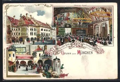 Lithographie München, Münchner Hofbräuhaus mit Aussenansicht, Oberer Saal & Hof