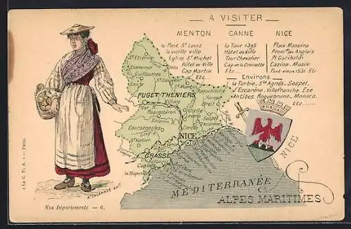AK Nizza, geografische Karte Alpes Maritimes, Frau in Tracht und Wappen
