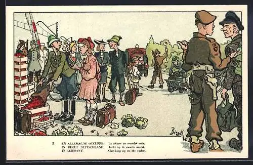 Künstler-AK Belgische Soldaten im besetzten Deutschland, Auf dem Markt