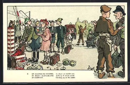 Künstler-AK Belgische Soldaten im besetzten Deutschland, Auf dem Markt