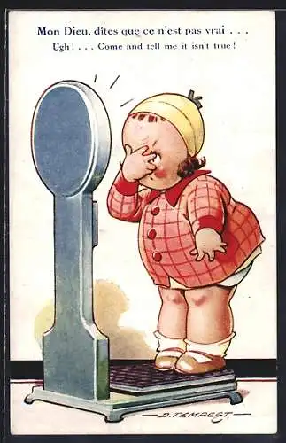 Künstler-AK Douglas Tempest: Come and tell me it isn`t true!, Mädchen auf einer Waage