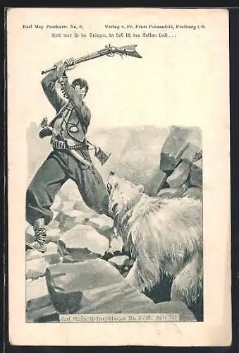 AK Karl May-Postkarte No. 9, Reiseerzählungen Bd. XVIII, Kara Ben Nemsi im Kampf mit einem Bären