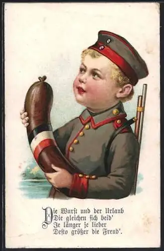 Künstler-AK Kleiner Soldat mit grosser Wurst