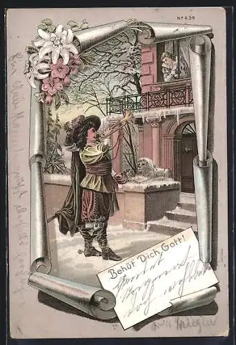 Lithographie Trompeter bringt Angebeteter ein Ständchen, Behüt Dich Gott, Blumen-Füllhorn