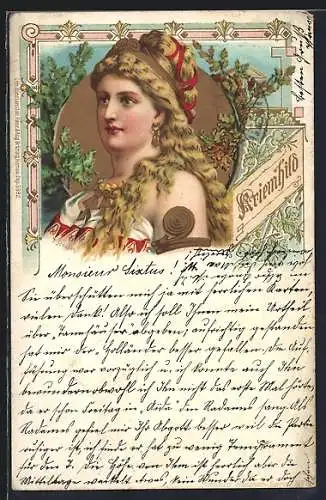 Glitzer-Perl-AK Kriemhilda von einer Aureole umgeben, Jugendstil