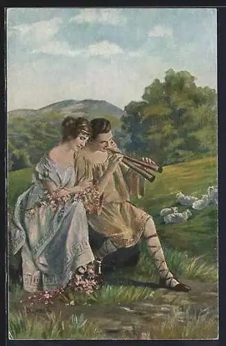 Künstler-AK O. Lerch: Ein Schäferstündchen, Hirte bläst die Schalmei