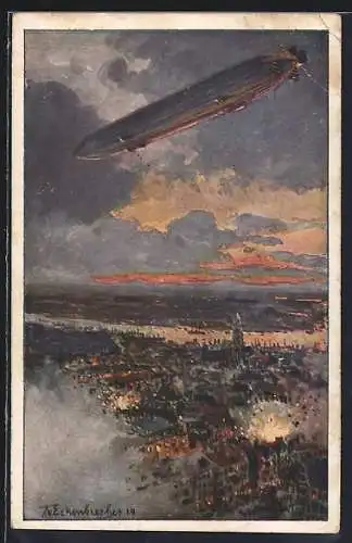 Künstler-AK Themistokles von Eckenbrecher: Antwerpen, Zeppelin überfliegt die Ortschaft