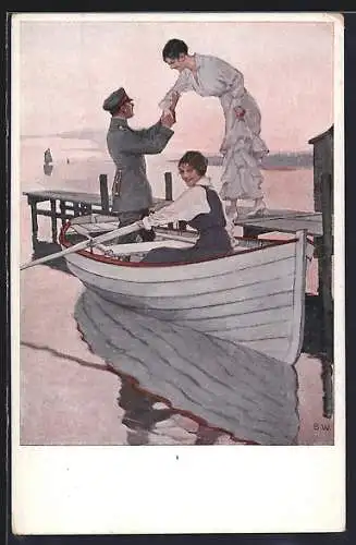 Künstler-AK Brynolf Wennerberg: Heimaturlaub, Soldat lädt ins Boot ein, Nr. 12