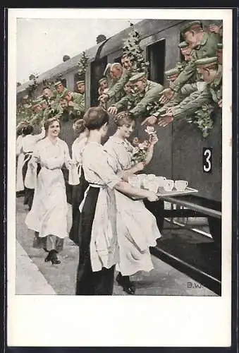 Künstler-AK Brynolf Wennerberg: Frauen verabschieden Soldaten an der Eisenbahn