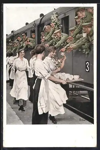 Künstler-AK Brynolf Wennerberg: Frauen verabschieden Soldaten an der Eisenbahn