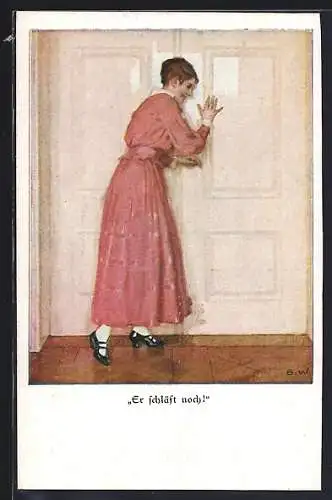 Künstler-AK Brynolf Wennerberg: Frau schliesst die Schalfzimmertür, Er schläft noch!