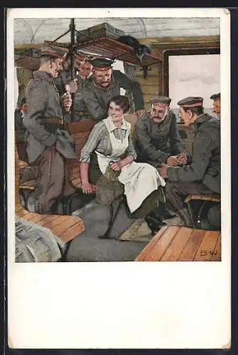 Künstler-AK Brynolf Wennerberg: Soldaten auf Urlaubsfahrt belagern ein hübsches Mädchen