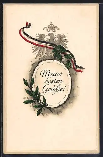 AK Spruch: Meine besten Grüsse, Schleifenband mit Eichenlaub