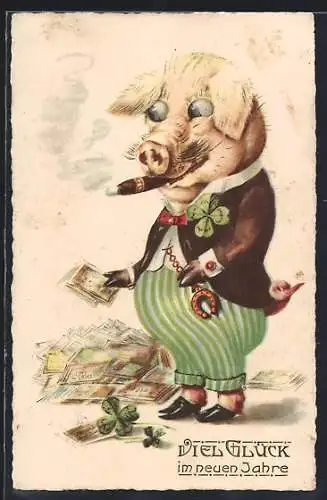 AK Schwein mit Zigarre zählt Geldscheine, Hufeisen, Kleeblatt