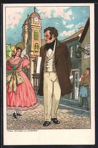 AK Franz Schubert in Lichtenthal zu einer Frau mit Fächer schauend