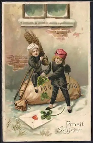 Lithographie Zwei Schornsteinfeger mit Münzsack und Klee