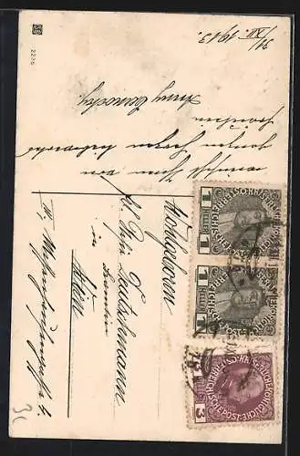 Lithographie Zwei Schornsteinfeger mit Münzsack und Klee