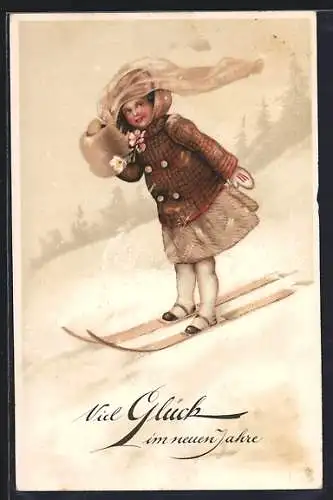 Künstler-AK Mädchen mit Muff auf Skiern