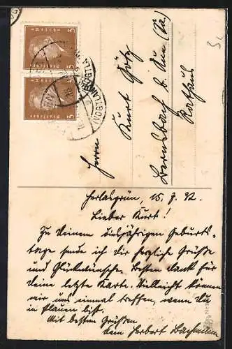 AK Glück und Reichtum im neuen Jahre!, Postbote mit Münzen