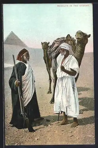 AK Bedouin in the Desert, Beduinen mit Kamelen vor Pyramide