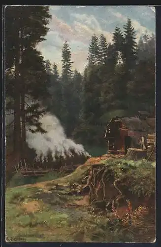 Künstler-AK H. Hoffmann: Köhler im Schwarzwald, rauchender Kohlenmeiler