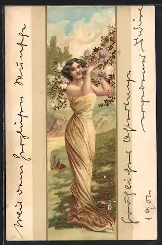 Lithographie schöne Frau mit Blüten, Jugendstil