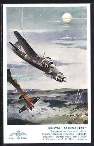 AK Bristol Beaufighter-Jagdflugzeug der Royal Air Force schiesst deutschen Heinkel He-111 Bomber ab