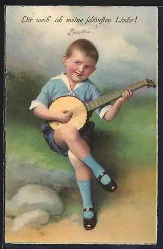 AK Junge mit Instrument-Dir weih ich meine schönsten Lieder !