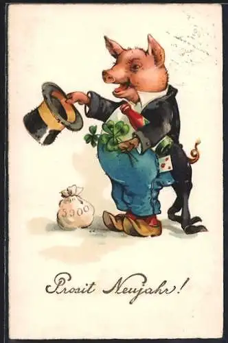 Künstler-AK Schwein mit Klee und Sektflasche, vermenschlichte Tiere