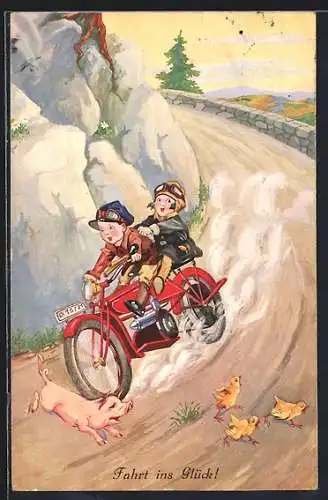 AK Kinder fahren ein rotes Motorrad, Küken und Schwein