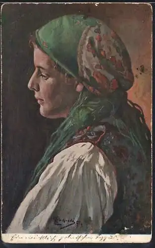 Künstler-AK Portrait einer polnischen Frau im Profil