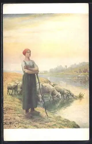 Künstler-AK Sainte Geneviève mit einer Schafherde