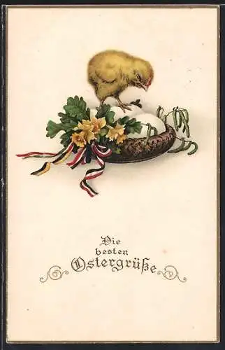 AK Osterküken mit Ostereiern, Eichenlaub mit schwarz-weiss-rotes Band, Ostern