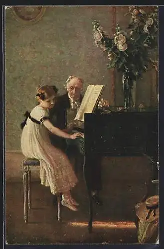 Künstler-AK sign. Muenier: Klavierlehrer mit Mädchen bei einer Klavierstunde