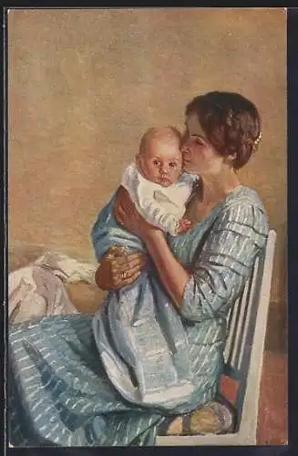 Künstler-AK junge Mutter mit Baby im Arm